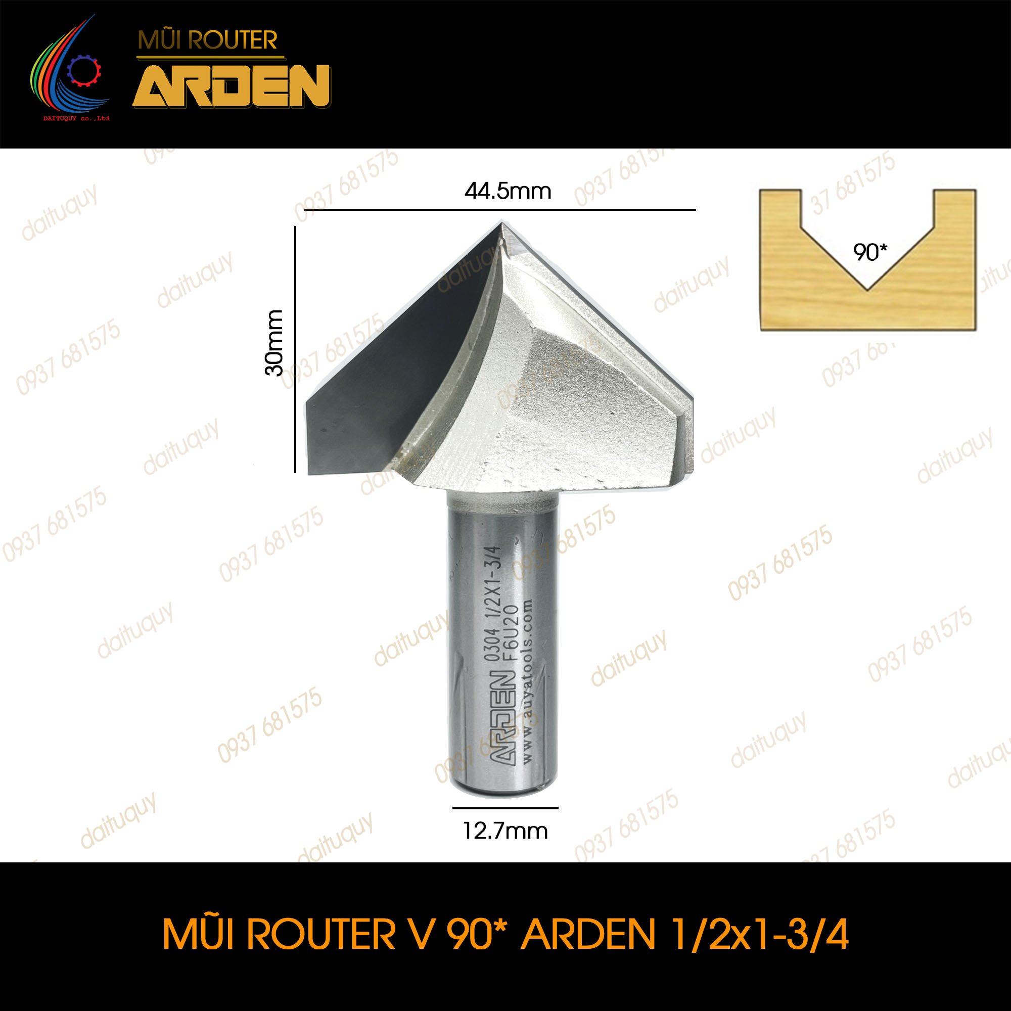 Mũi phay router đánh rãnh V 90 độ Arden 1/2x1-3/4
