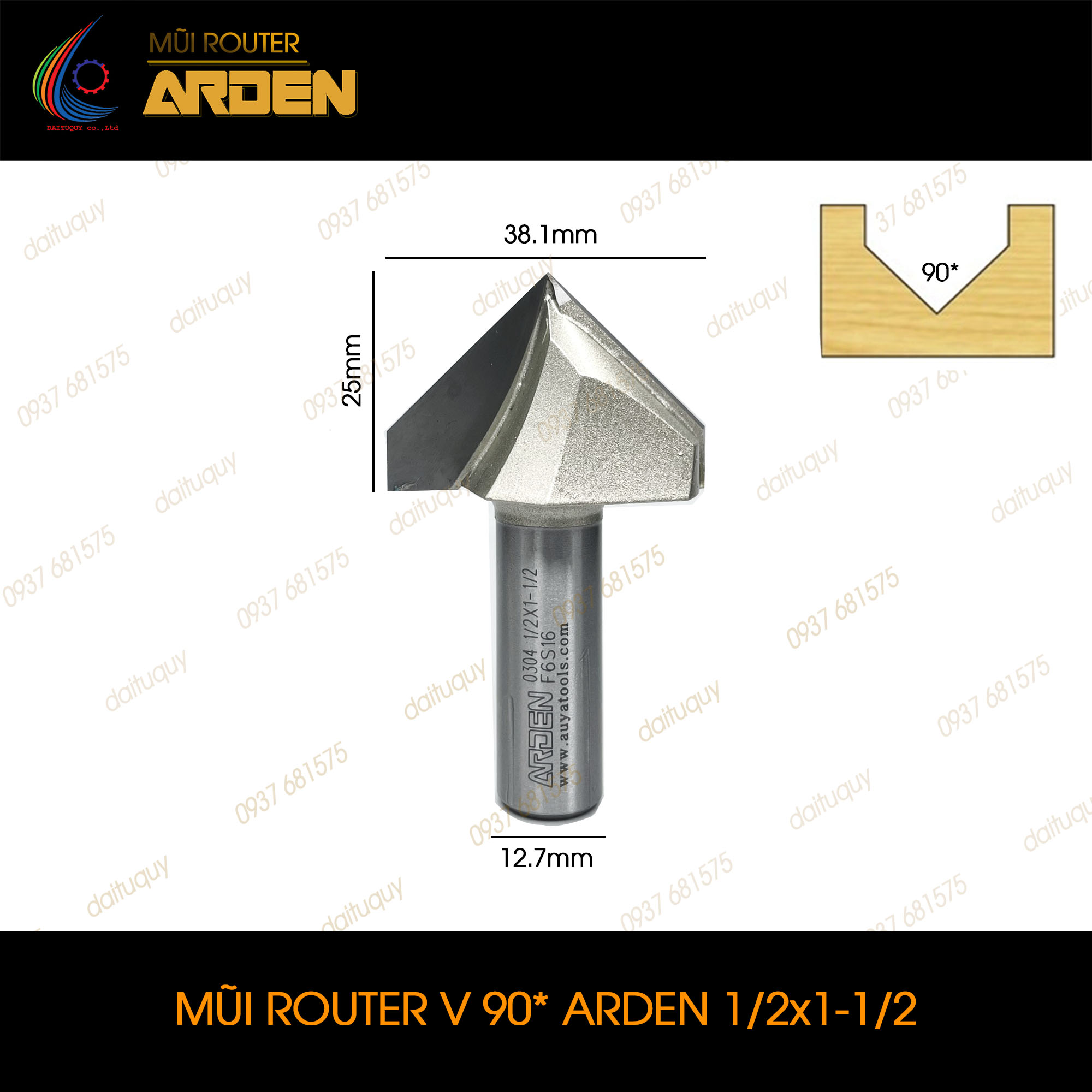 Mũi phay router đánh rãnh V 90 độ Arden 1/2x1-1/2