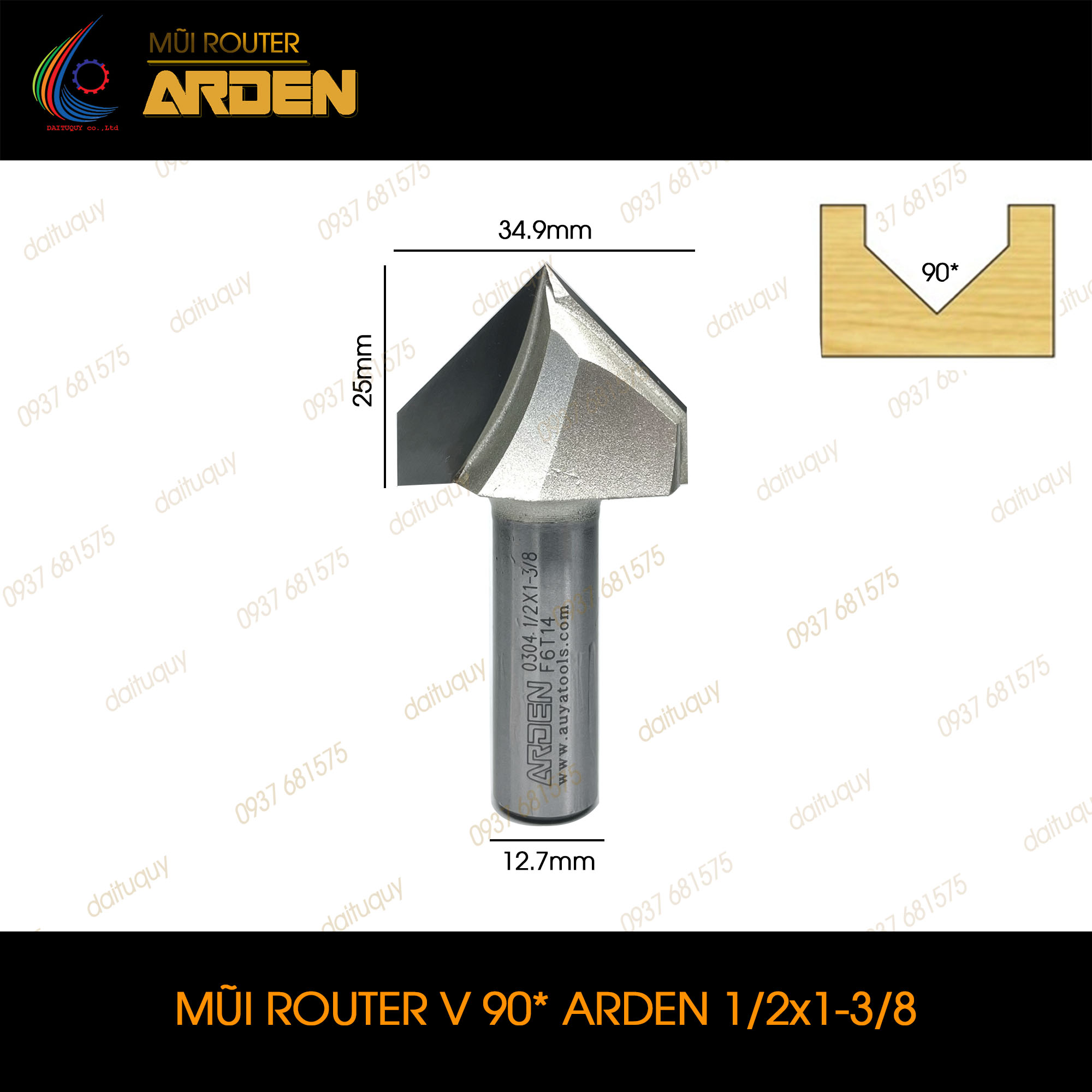 Mũi phay router đánh rãnh V 90 độ Arden 1/2x1-3/8