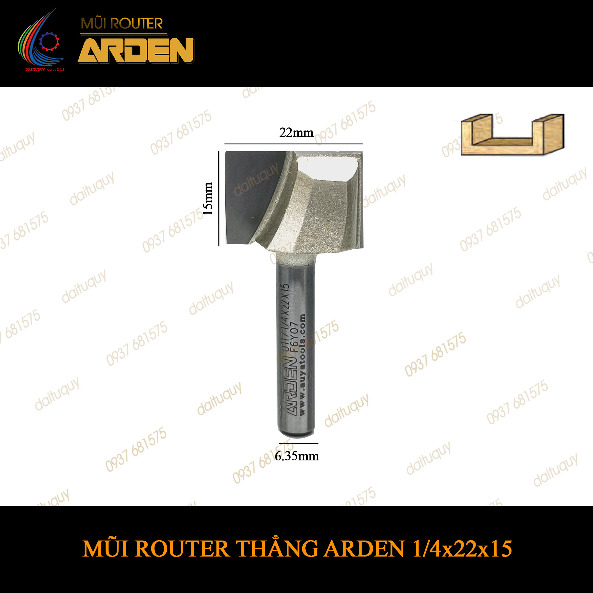 Mũi phay router cnc thẳng Arden 1/4x22x15